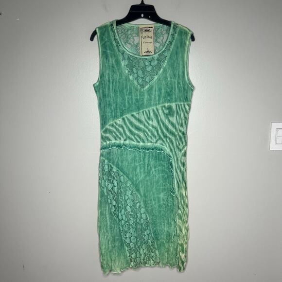 Women's Textured Fairy Grunge Sea Foam Green Dress Lace Inset Sz L Boho Hippie - Picture 2 of 15